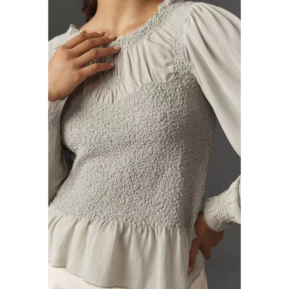 By Anthropologie Balloon-Sleeve Smocked Peplum Blouse Top Long Sleeve XXS 277934